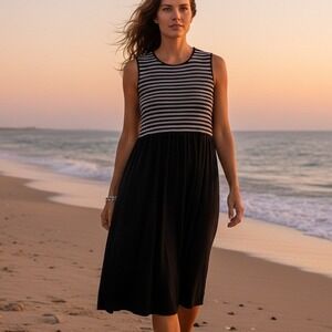 J.Jill Medium Petite $89 Striped Fit & Flare Sleeveless Black White‎ Dress